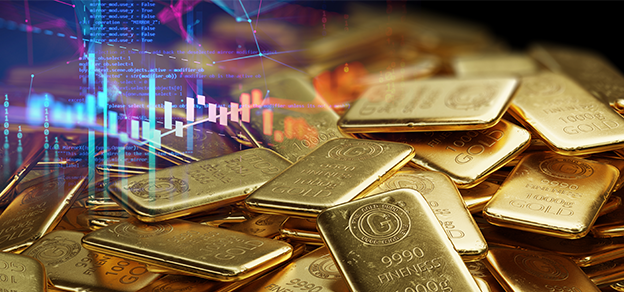 some gold bars with a graph on the background referring to gold trading online