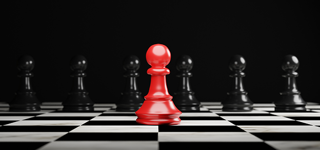 A chessboard with a red pawn surrounded by black pieces symbolizes the strategic nature of forex trading and the need for a winning strategy.