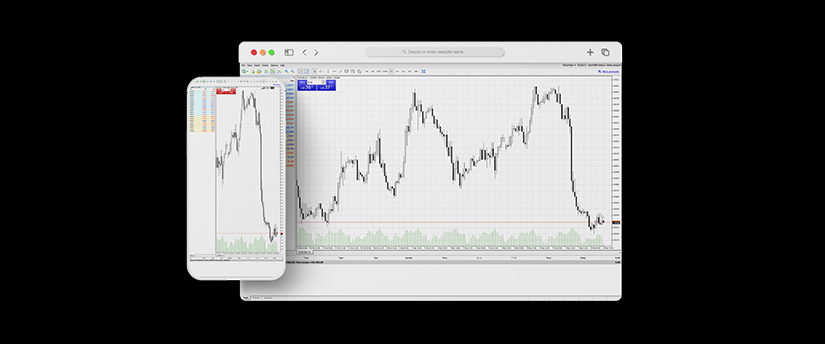 A monitor and mobile phone with forex data highlight the accessibility and versatility of "MT4 Web Trading" for traders on various devices.