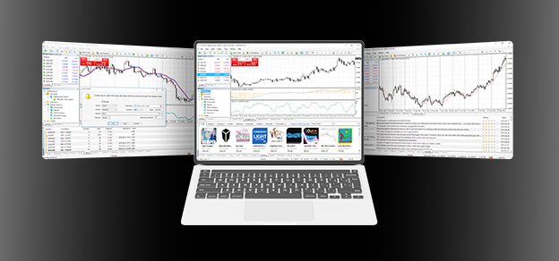 A laptop displays three different images of trading platforms, including MT4, offering diverse options for traders.