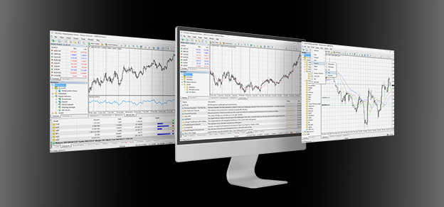 Computer monitor with three different charts for fundamental analysis, including stock price, earnings per share, and price-to-earnings ratio. 