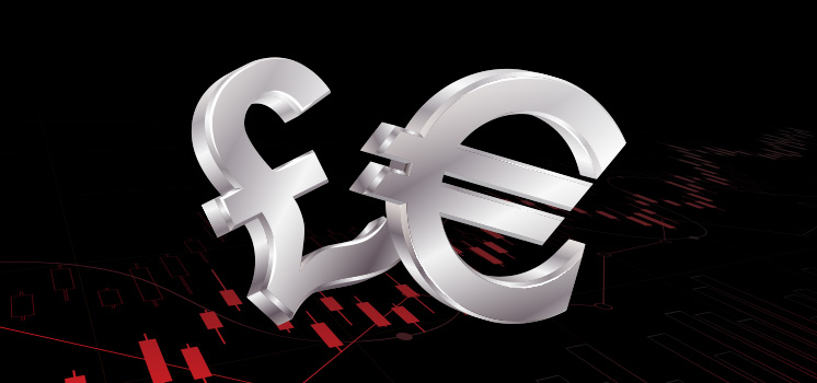 Pound and euro signs stand before candlestick charts, depicting the complex interplay of EUR/GBP in the world of currency exchange.
