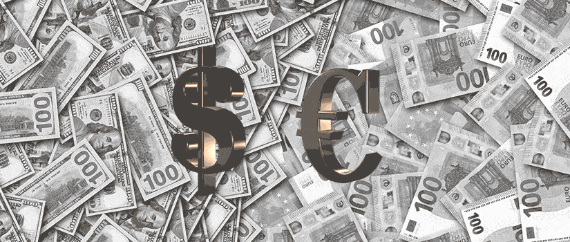Euro and USD symbols with a pile of money behind them, representing currency exchange. 
