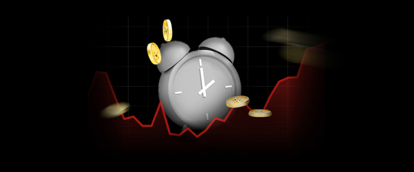 A clock, coins, and a diagram, highlighting long-term investing.