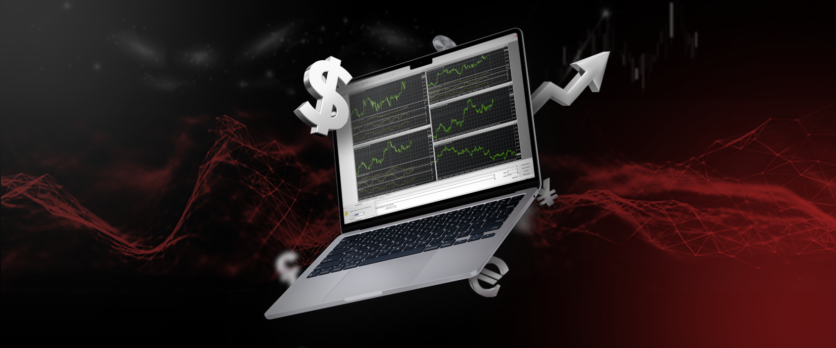 A laptop displaying MetaTrader 4 with currency symbols surrounding it, used for technical analysis.