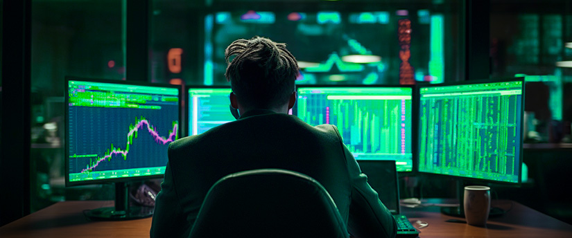 A trader, surrounded by multiple monitors, intently analyzes charts and candlestick charts, exemplifying the use of leverage in trading.