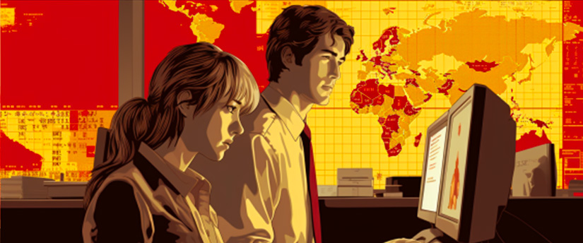 Two traders in front of a laptop, with a world map and numerical data in the background, symbolizing global forex trading.