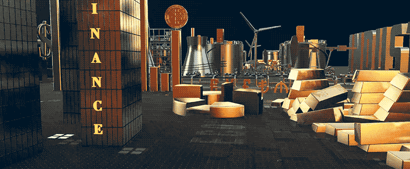 A cityscape with coins, gold bars, charts, and various currencies, representing the bustling world of forex trading.
