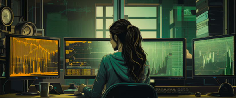 A trader positioned in front of several screens displaying data, capturing the essence of forex trading