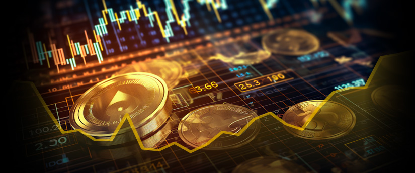 Bitcoins and candlestick charts alongside forex spread data, representing the dynamics of cryptocurrency and forex trading.