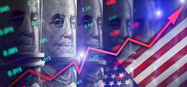 Dollars against the backdrop of the American flag, accompanied by an upward-trending chart.
