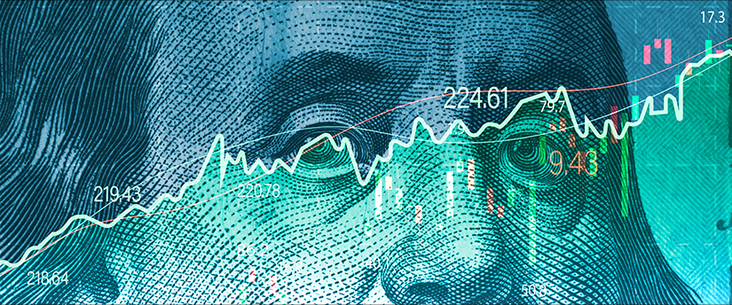A dollar bill surrounded by dynamic financial charts and graphs.