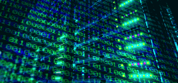 Rows of zeros and ones, resembling a server, reflect IBM's pioneering work in computing, underpinning the digital age.