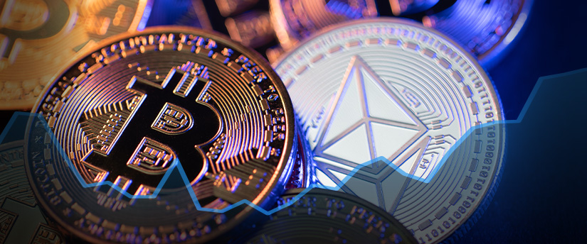 A pile of cryptocurrency coins from around the world, including Bitcoin, Ethereum, and Litecoin.