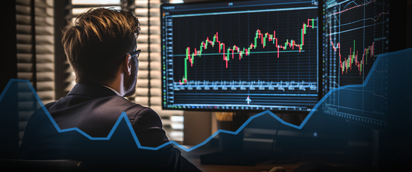 A professional trader in a suit analyzing a stock chart on a computer screen, seeking forex trading tips