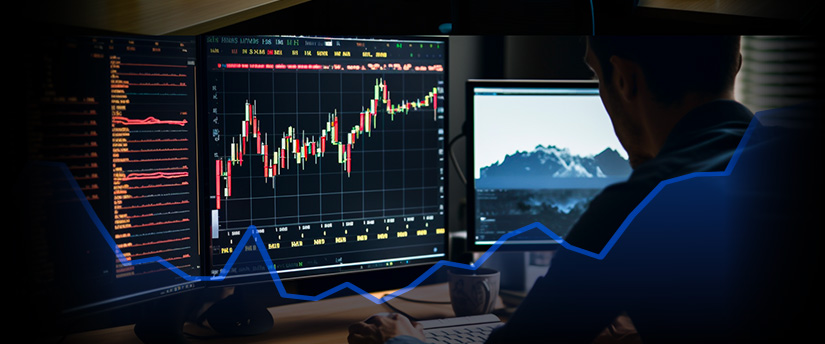 A forex trader sitting in front of multiple monitors, analyzing market data and making investment decisions.