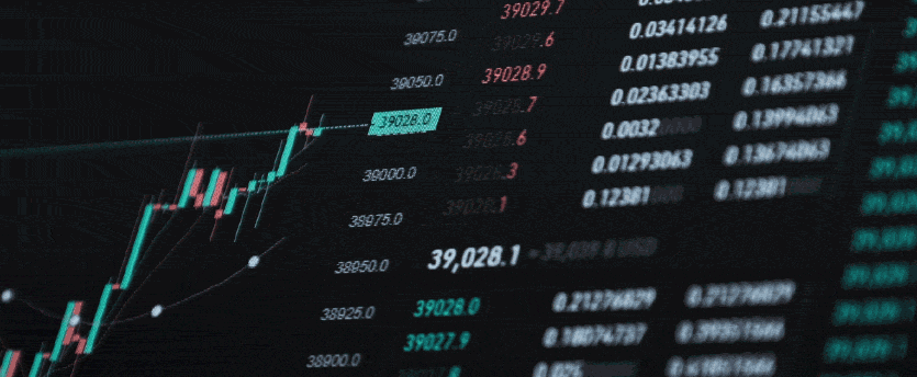 A detailed view of a forex market chart, displaying the fluctuating values of various stocks over time.