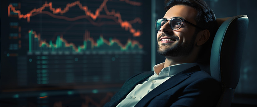 A man in glasses smiles while analyzing forex trading data on a screen.