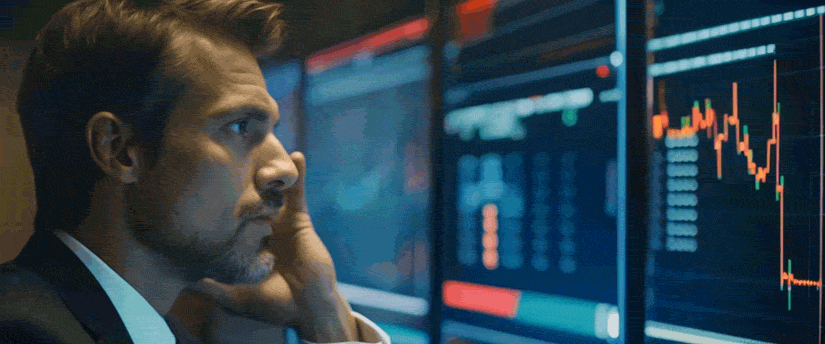 A suited man intently studying forex market data on a screen, reflecting the pressures and complexities of trading.
