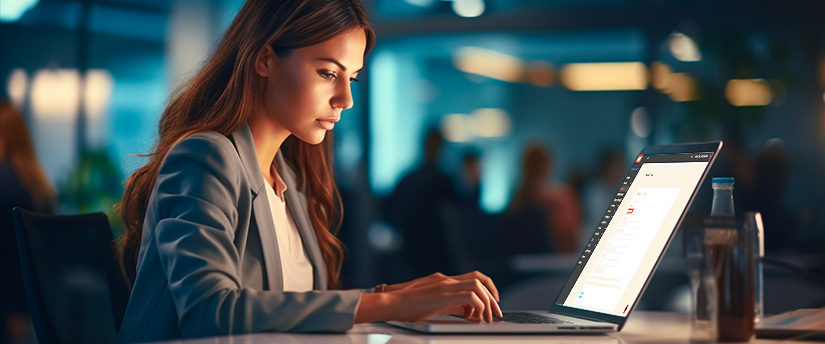 A focused woman at her desk, typing on her laptop computer, engaged in forex trading as a broker.