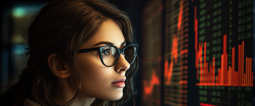 A focused woman with glasses analyzing a forex chart, displaying market trends and experiencing stress during trading.
