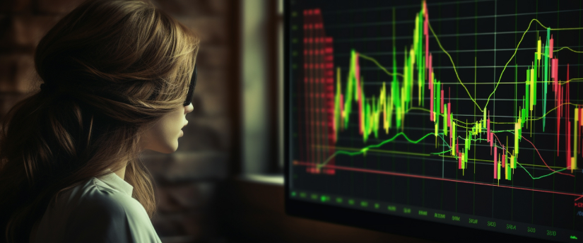 A woman analyzing a chart on a monitor, studying forex strategies on a platform