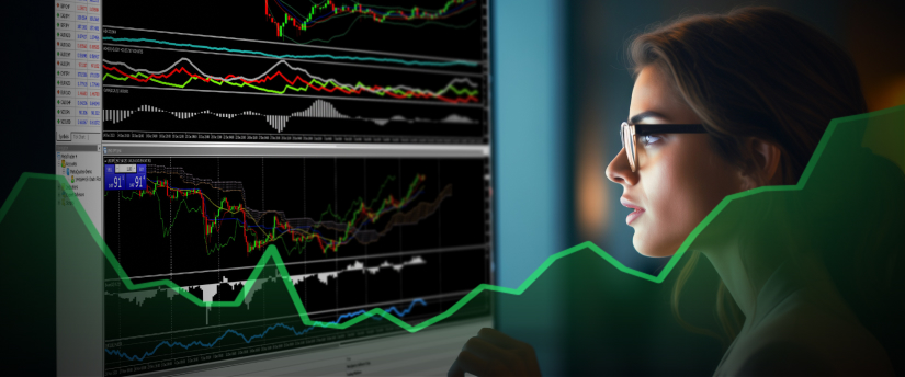 A woman analyzing a currency pair chart on a screen using the MT4 platform for financial analysis.