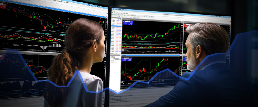 Two forex traders analyzing a computer screen displaying a stock market graph, engaged in forex trading to make money.