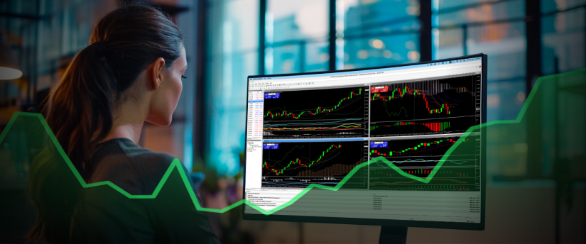 Woman studying forex market trends on computer screen.