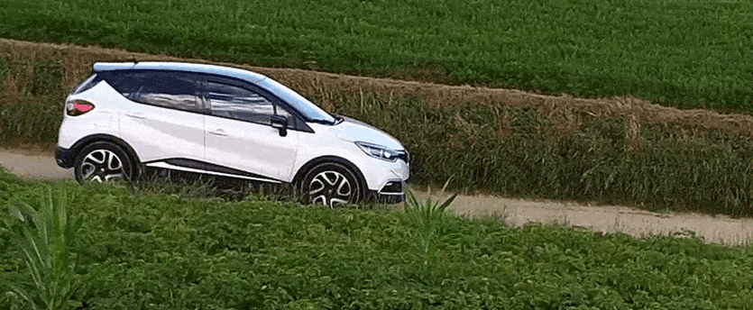 White Renault car driving on dusty rural road
