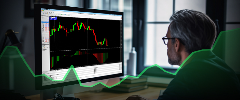 A man analyzing an upward trend line on a computer screen, focusing on algorithmic trading using MT4.