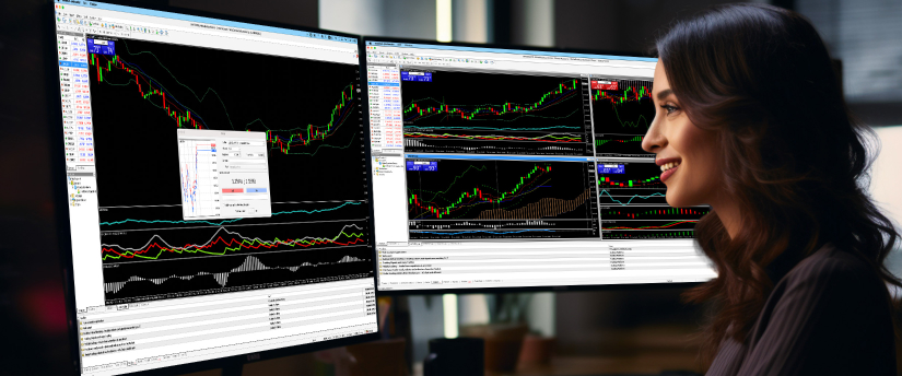 Une femme analyse les écrans de trading sur deux moniteurs, en utilisant la plateforme MT4 pour le trading de CFD.