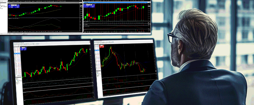 A man in a suit analyzes trading indicators on two monitors, focusing on cfds trading