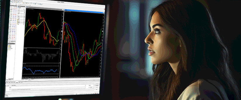 A woman analyzing a trading chart on a computer screen, engaged in CFD and shares trading.