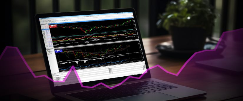 Imagen de comercio de divisas en una pantalla de ordenador portátil, mostrando cfd, comercio, mt4, y herramientas de análisis que se utilizan para el análisis financiero.