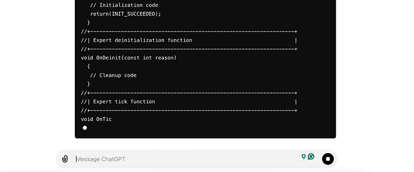 Image of command line interface with chatgpt, metatrader 4, coding, write, and prompts visible.