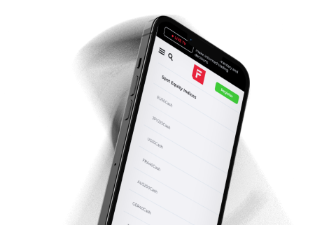 Aplicação móvel com o logótipo e os índices IronFX. Mantenha-se atualizado sobre as notícias e os mercados financeiros.