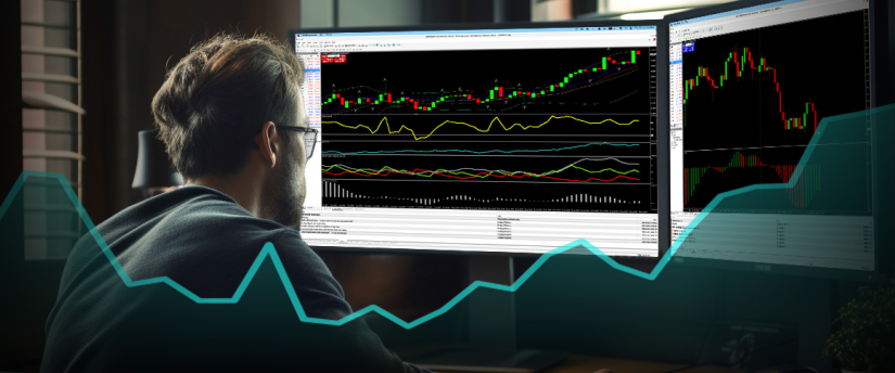 A man analyzing a chart on two monitors, using the trend magic indicator for MT4 technical analysis.