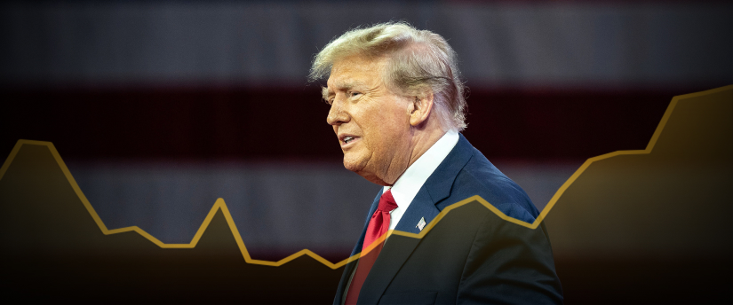 The stock market graph shows a decline after Trump's rally, with Donald Trump in the background.