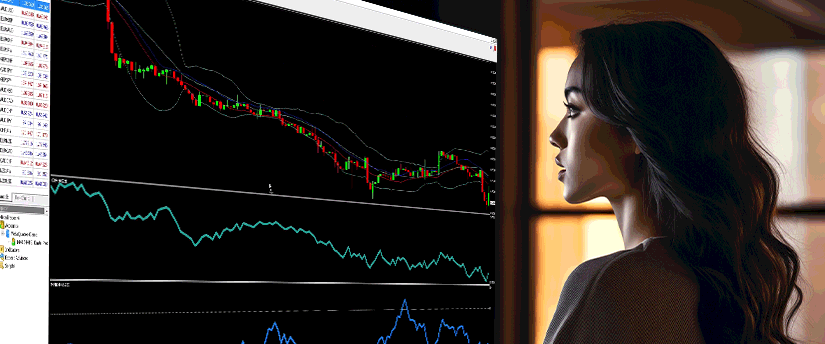 A woman intently observes a computer screen displaying a stock trading chart, analyzing market trends and data.