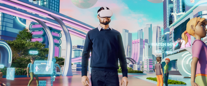 A man with virtual reality glasses engages with a bustling city environment, blending reality and technology.