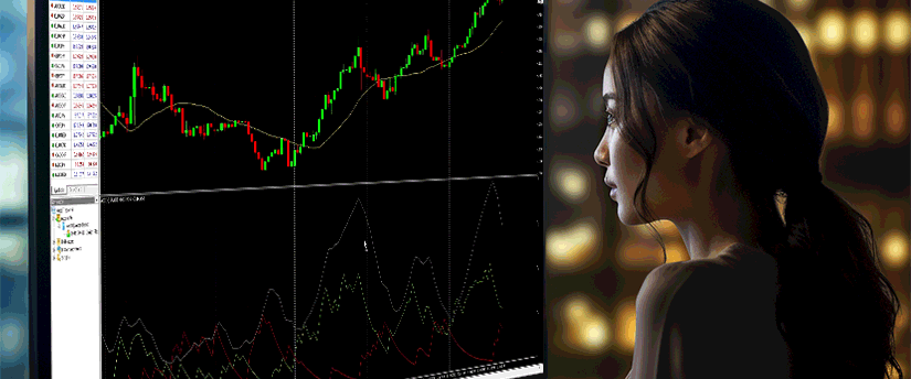 A focused woman examines a trading chart on her computer screen, engaged in financial analysis and decision-making.