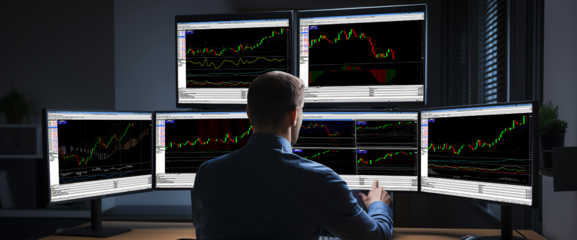 A man focused at his desk, analyzing multiple screens that showcase different trading opportunities.