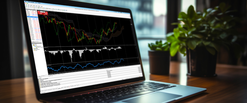 An individual using a laptop for forex trading, surrounded by financial data and market analysis tools.