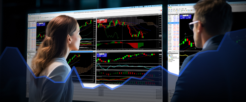 Two people engaged in reviewing trading data on a screen, concentrating on market analytics and investment strategies.