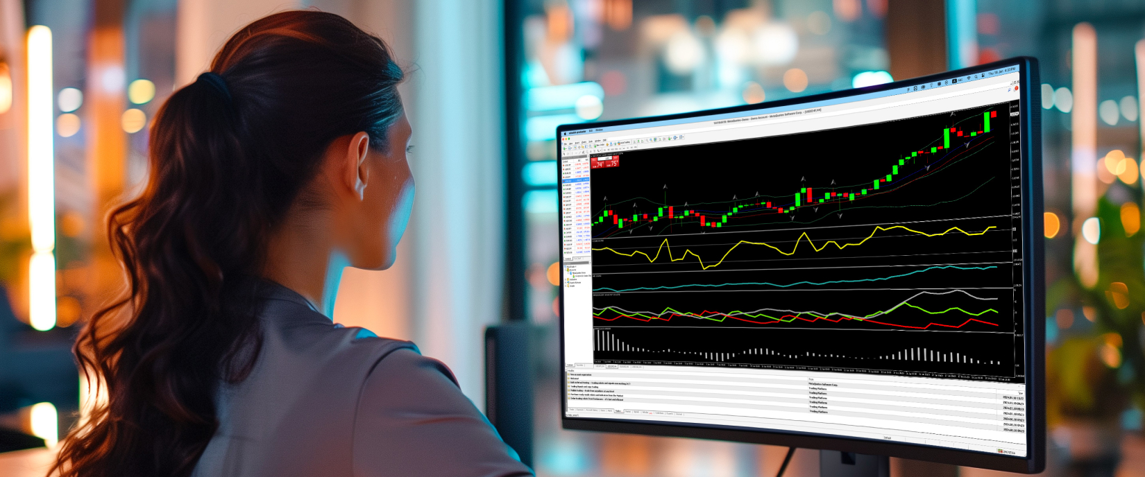 A woman intently observes a computer screen displaying a trading chart, analyzing market trends and data.