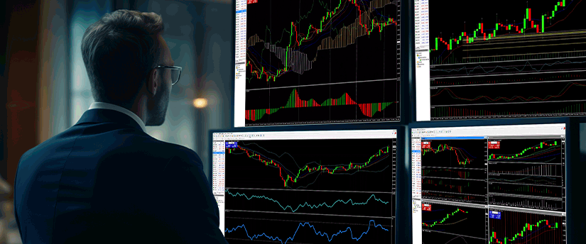 Um homem de fato observa vários ecrãs repletos de indicadores de trading, focado na análise de mercado.