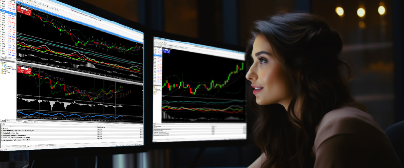 A woman intently observing trading indicators on dual monitors, showcasing her engagement in financial analysis