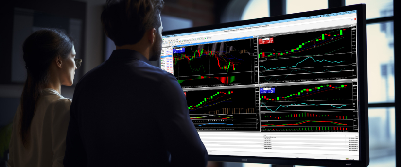 Two traders analyzing multiple trading screens on a monitor, focused on market data and platform performance.