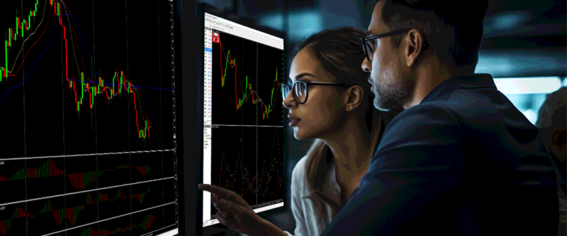 Two people observing a stock market chart on a screen, focused on financial data and market analysis.

